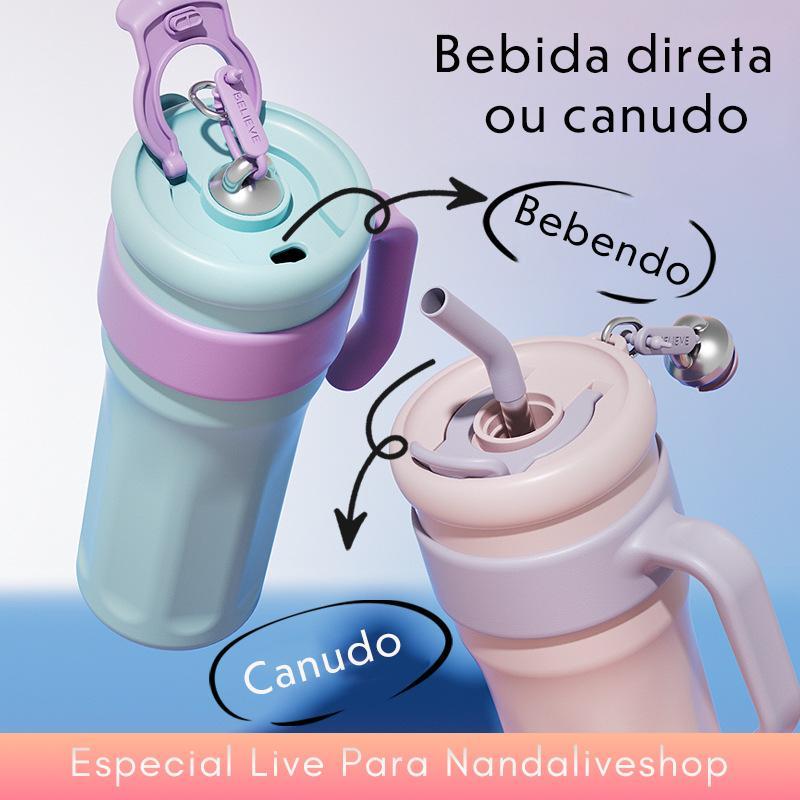 Copo Térmico 1200ML Aço Inox Dupla Camada com Canudo de Aço e Tampa 2 Funções