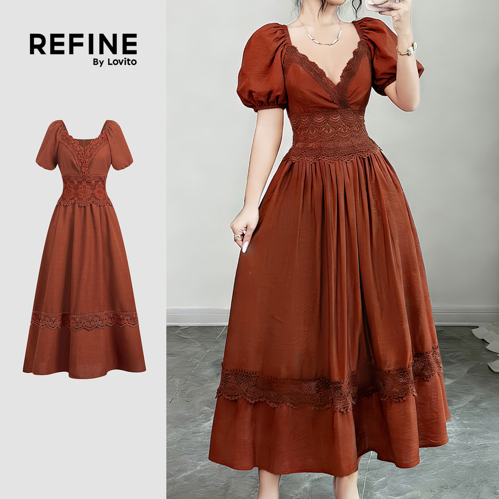 (Refine by Lovito) Vestido Elegante com Babado No Pescoço e Zíper Vestido Verde para Mulheres primavera/verão Festa/Formal LR38L123