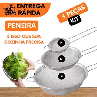 KIT ESPECIAL 3 PENEIRAS INOX IDEAL PARA ARROZ FARINHA  LEGUMES PENEIRA TELA FINA PASSADOR CEDILHA