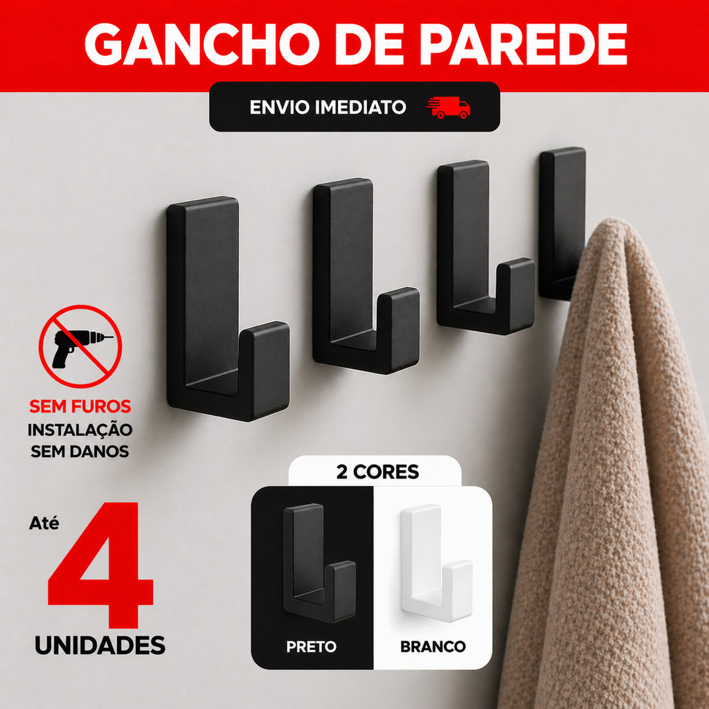 Cabide Gancho Adesivo de Parede com Fita Dupla Face 3M para Toalhas Banheiro Cor Preto Branco Porta