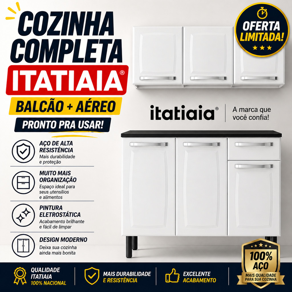 Cozinha Completa Itatiaia Rose Aço 105cm Balcão + Armário Aéreo 3 Portas