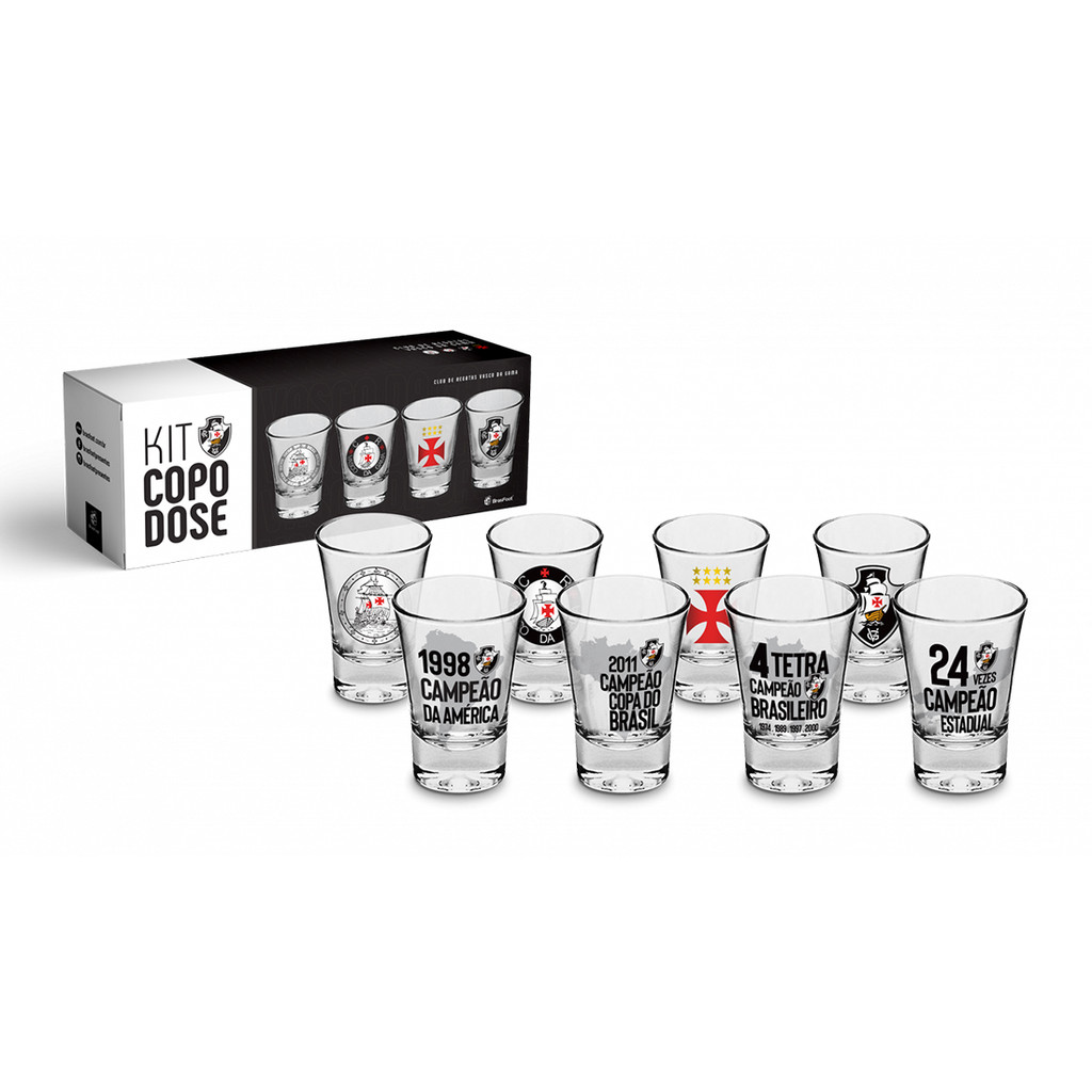 Kit 4 Copo Dose KazzaVip Vidro Oficial Licenciado Vasco Football Club 60ml Cada Incolor