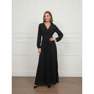 Vestido de Festa Longo com Manga Longa e Decote em V Elegante  ,Vestido Plissado