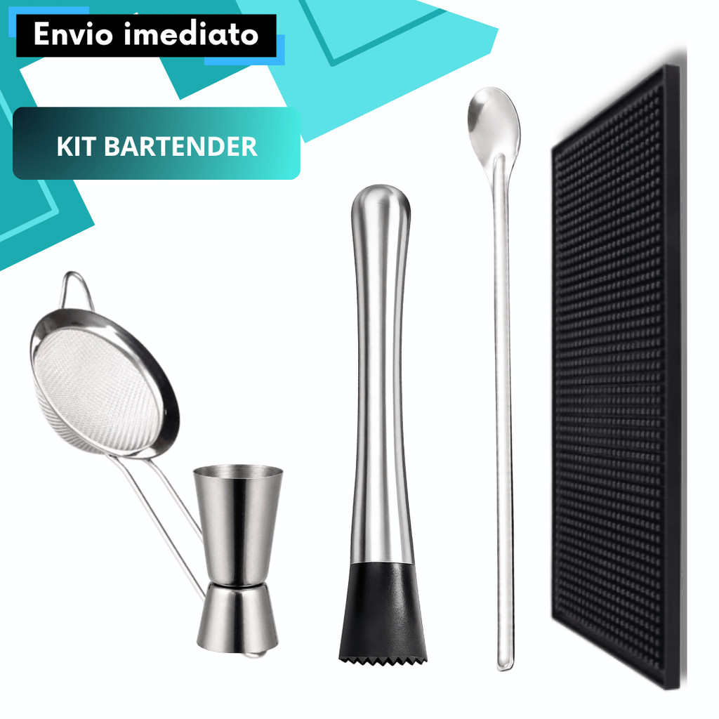 Kit Bartender Aço Inox Socador Dosador Duplo Peneira Tapete Colher Drinks Medidas Uso Doméstico Bar Festa