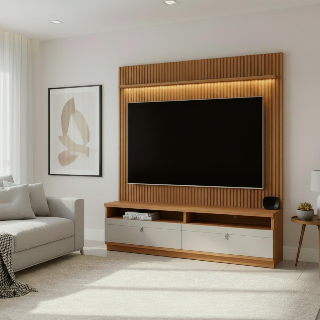 Painel Com Rack Para TV Até 75 Polegadas Ripado Nature Off White