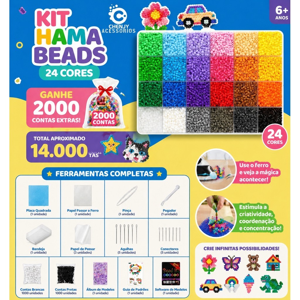 Kit 24 cores 2.6mm Com 14000pcs Perler Hama Beads DIY Presentes para crianças Com Ferramentas