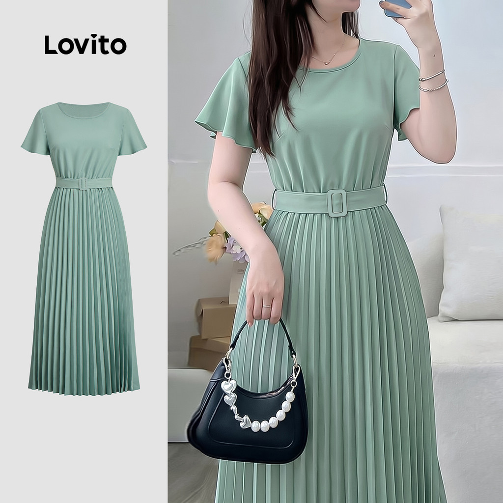 Lovito Vestido Verde de Verão/primavera com Pregas Casual para mulheres LK5LD221