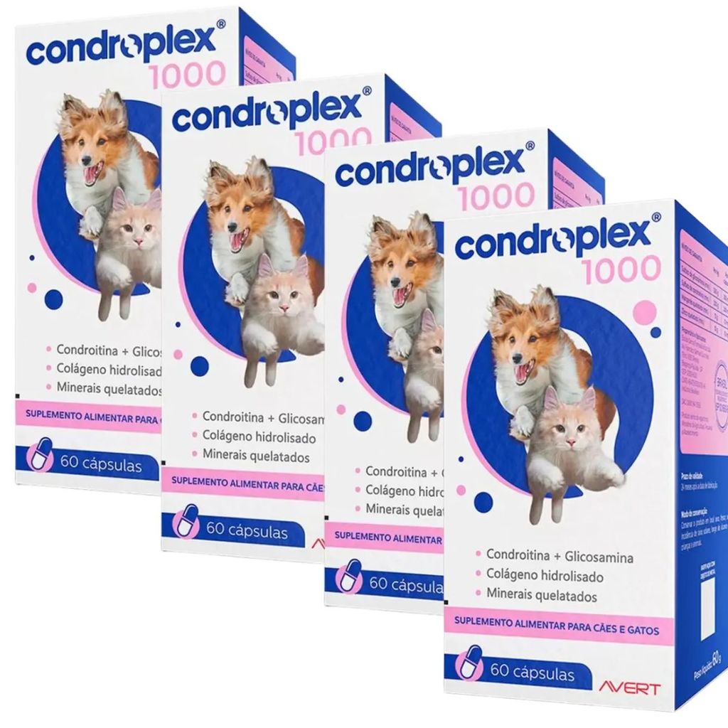 Kit 4 Condroplex 1000mg 60 Cápsulas Suplemento Cães E Gatos