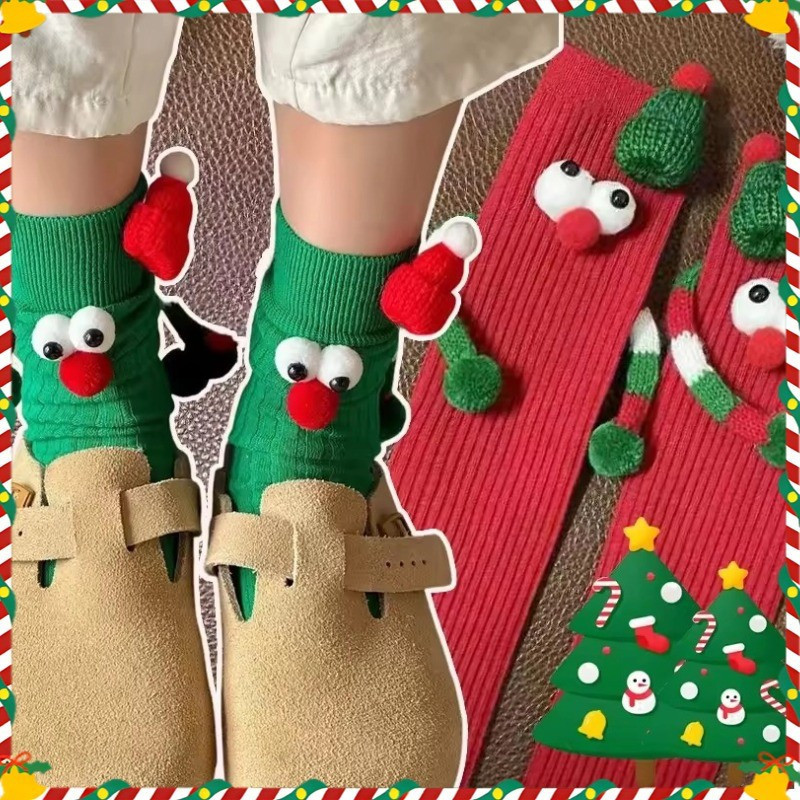 Tema De Natal Vermelho Verde Meia Panturrilha Meias 3D Malha Chapéu De Papai Noel Cachecol Olhos Grandes Boneca Macia E
