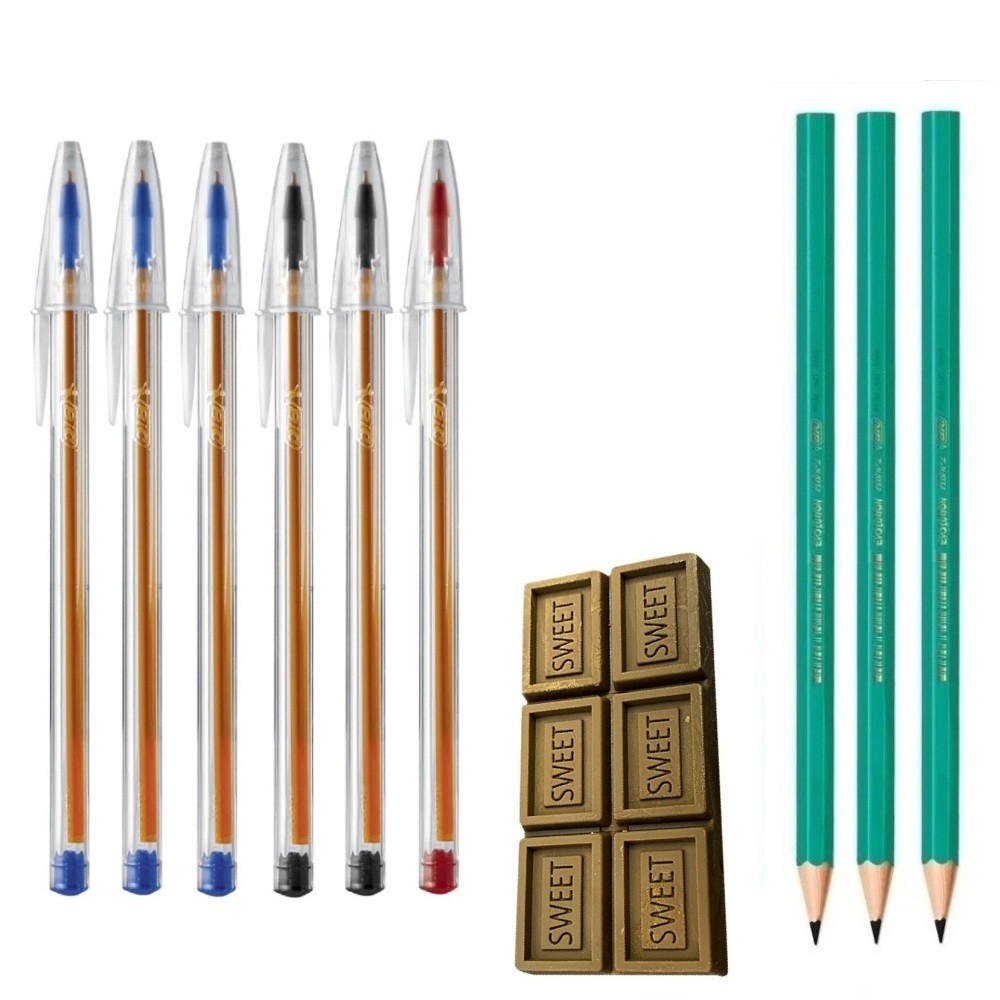Kit Escolar 3 Lapis Bic s/borracha 1 Borracha e 6 Canetas Bic Fina