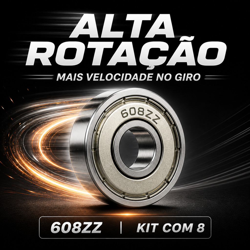 Kit 8 Rolamentos 608ZZ Alta Rotação Giro Suave Baixo Atrito Para Skate Patins Longboard Alta Performance