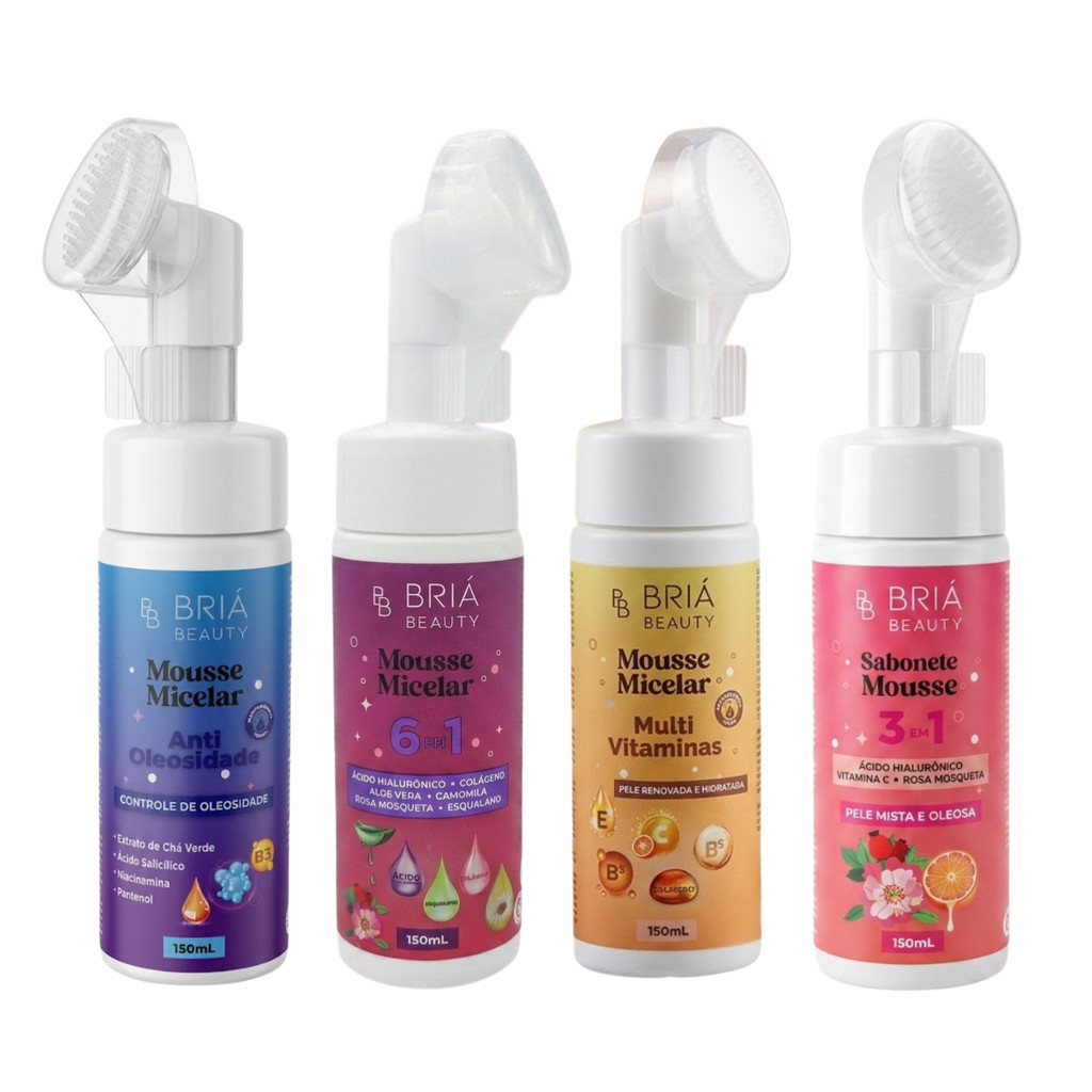 Kit 4 Sabonetes Facial Mousse Micelar 150ml Briá Beauty Anti Oleosidade Vitaminas Colágeno