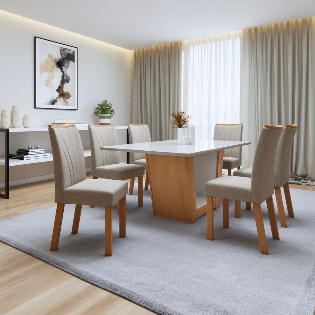 Conjunto Sala de Jantar 6 Lugares Retangular Tampo Vidro/MDF Mesa e Cadeiras Apogeu Amêndoa Clean/Off White/Rinzai Bege