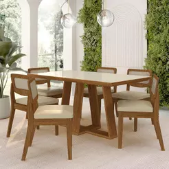 Mesa Sion 1,60 Com 6 Cadeiras Sextavada Freijó/off/corino Bege - M.a
