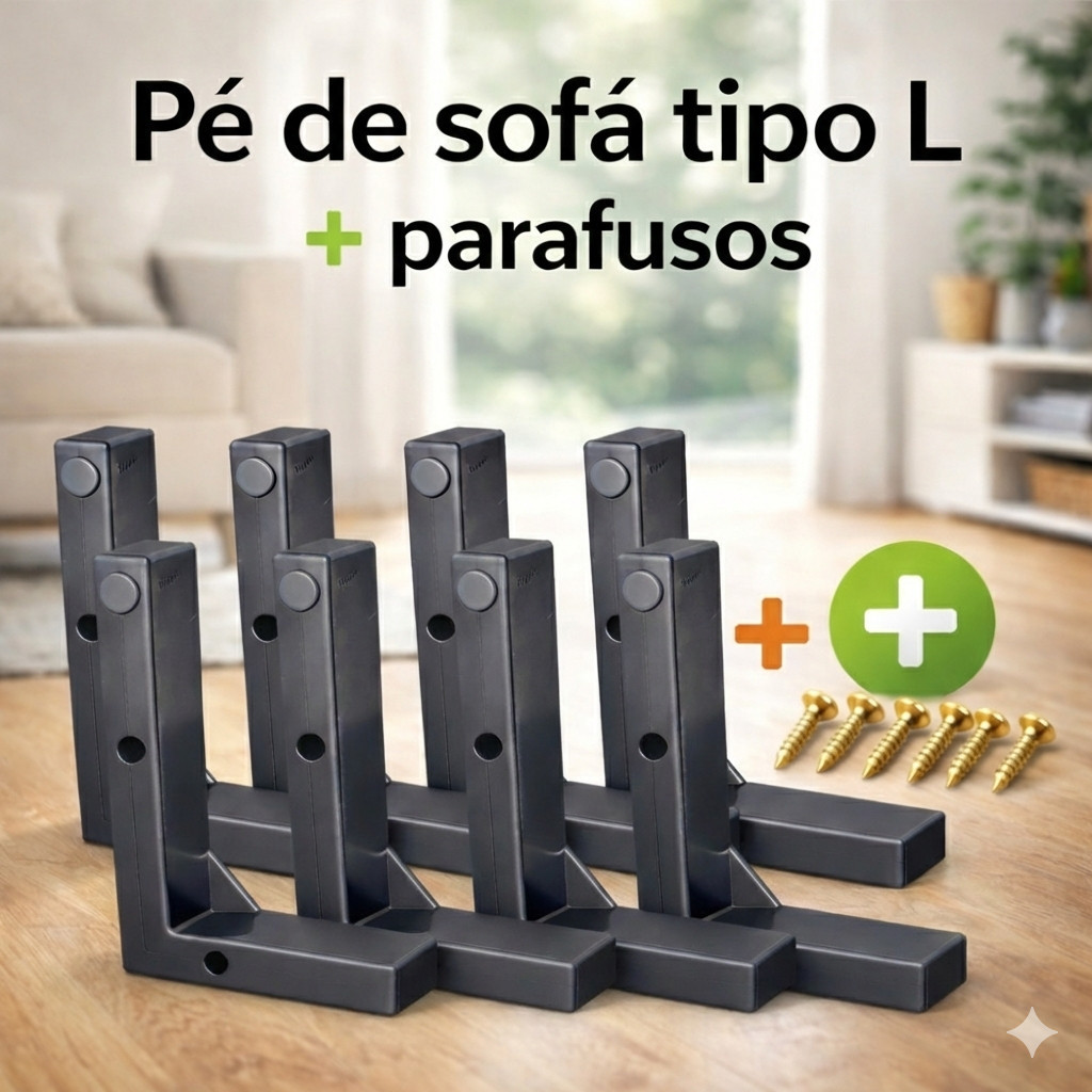 Kit Pés Cantoneira Tipo L para Sofá, Puff e Poltrona – Plástico Reforçado com Parafusos