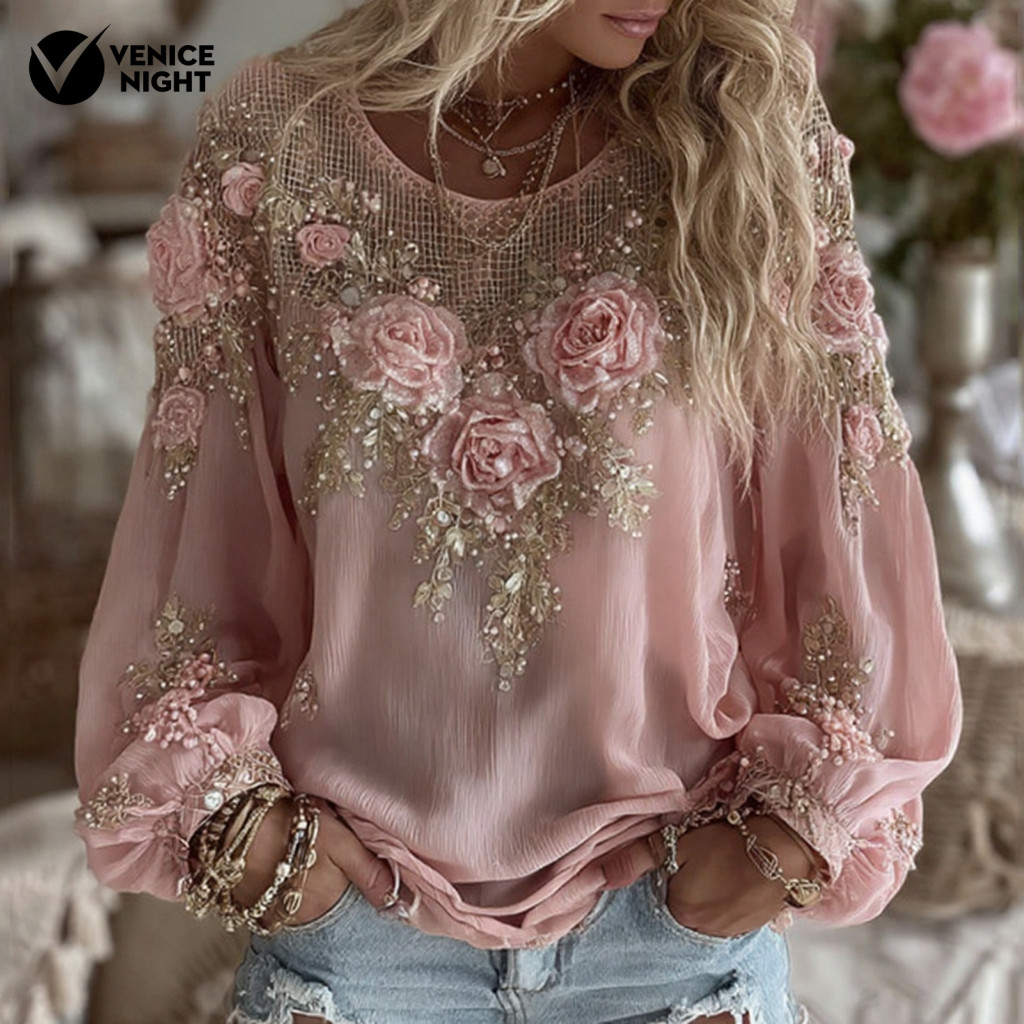 Long Sleeve Top Soft Breathable Fabric Blouse Women’s Round Neck Tee Shirt Loose Fit Pullover with 3d Flower Print and