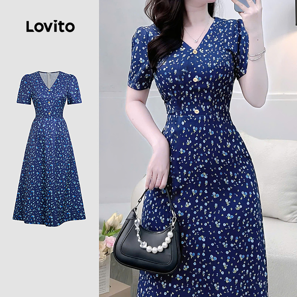 Lovito Elegante Vestido Feminino Azul Escuro com Botões Na Frente para Primavera/Verão L164LD287