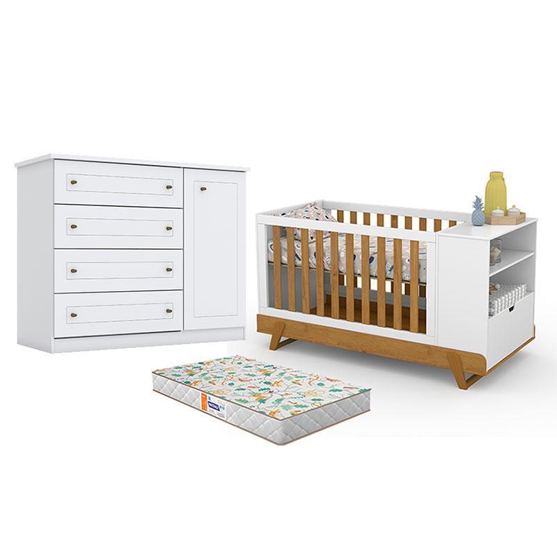 Berço Multifuncional Bkids Branco Freijó Eco Wood - Matic e Cômoda Infantil Americano Branco HP e Colchão Gazin - Henn