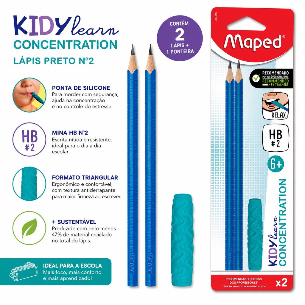 Lápis Preto HB Nº2 Maped Kidy Learn Concentration com Ponteira Sensorial – Blister com 2 Unidades