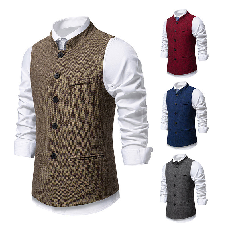 Coletes Masculinos De Lã Espinha De Peixe Terno 5 Botões Negócios Tweed Gola Alta Slim Fit