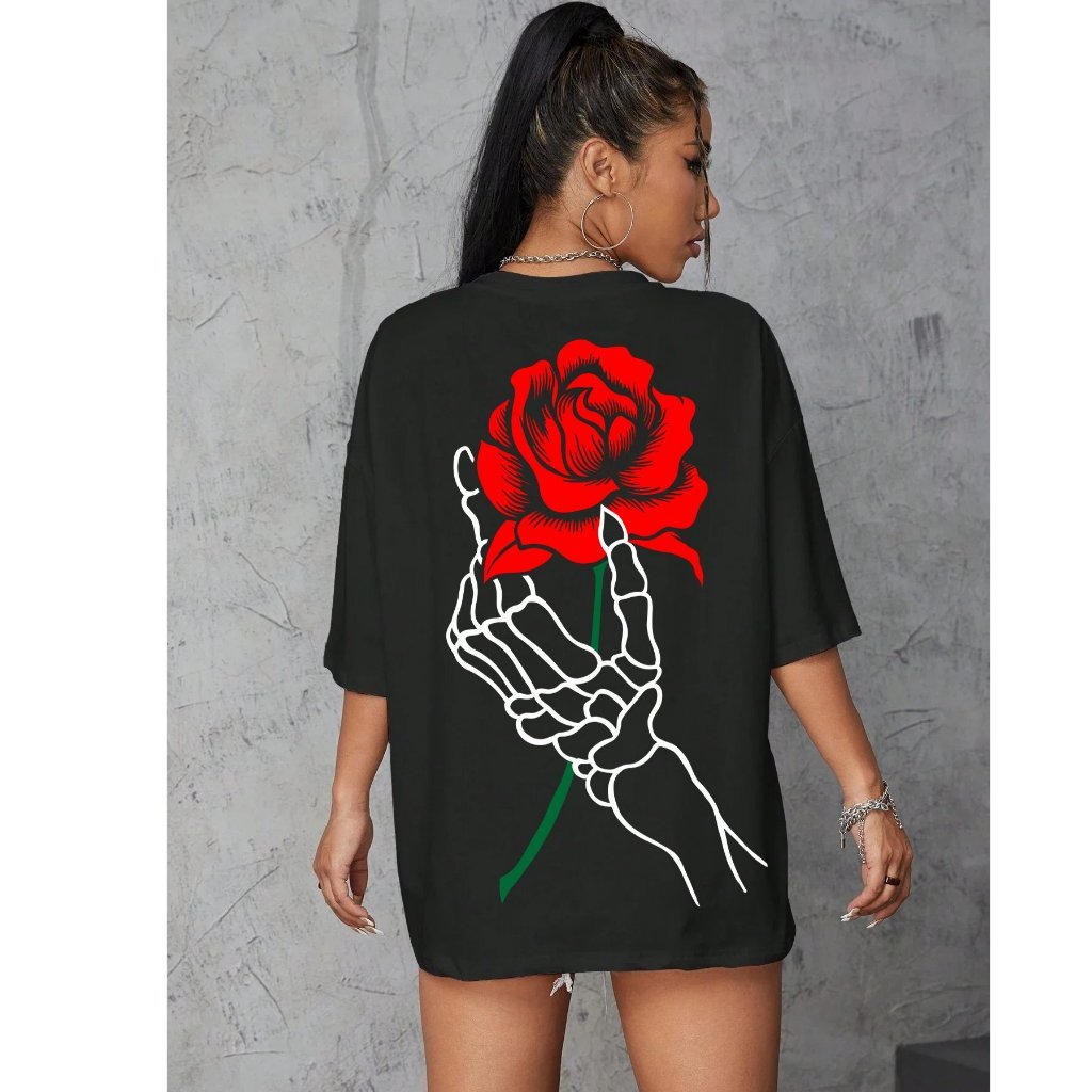 Camiseta Feminina Oversized Blusinha T Shirt Algodão Plus Size Infantil Mão Flor Streetwear Moda Swag