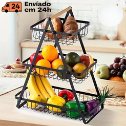Fruteira De Mesa Ou Cesto Organizador Multiuso Metal Portátil Frutas Legumes Luxo Premium 3 Andares