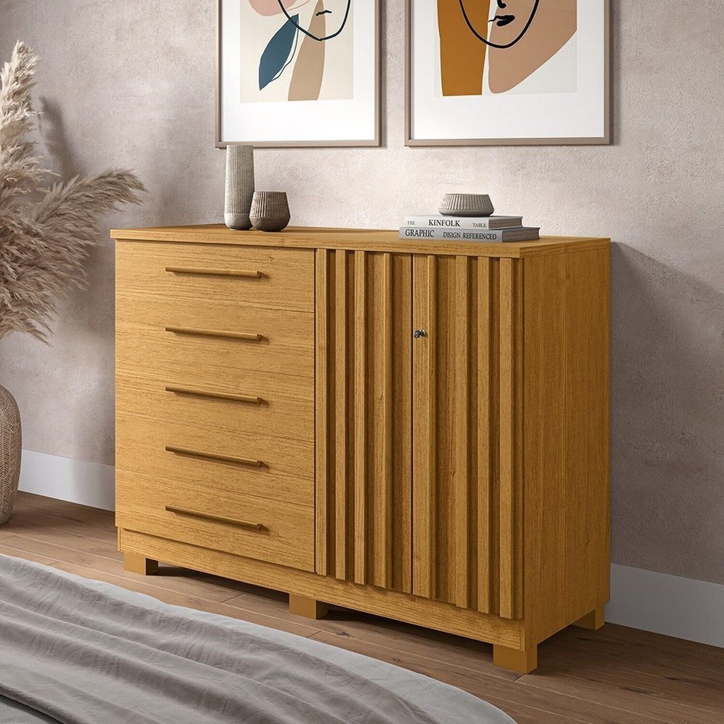 Cômoda 2 Portas 5 Gavetas com Sapateira 100% MDF 136cm Gérbera Espresso Móveis Bege/Cinamomo Cinamomo