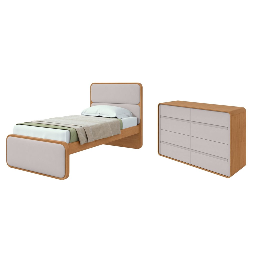 Kit Quarto Infantil com Cama Solteiro Corino e Cômoda 8 Gavetas Loop Bege Amêndoa Clean/Off White