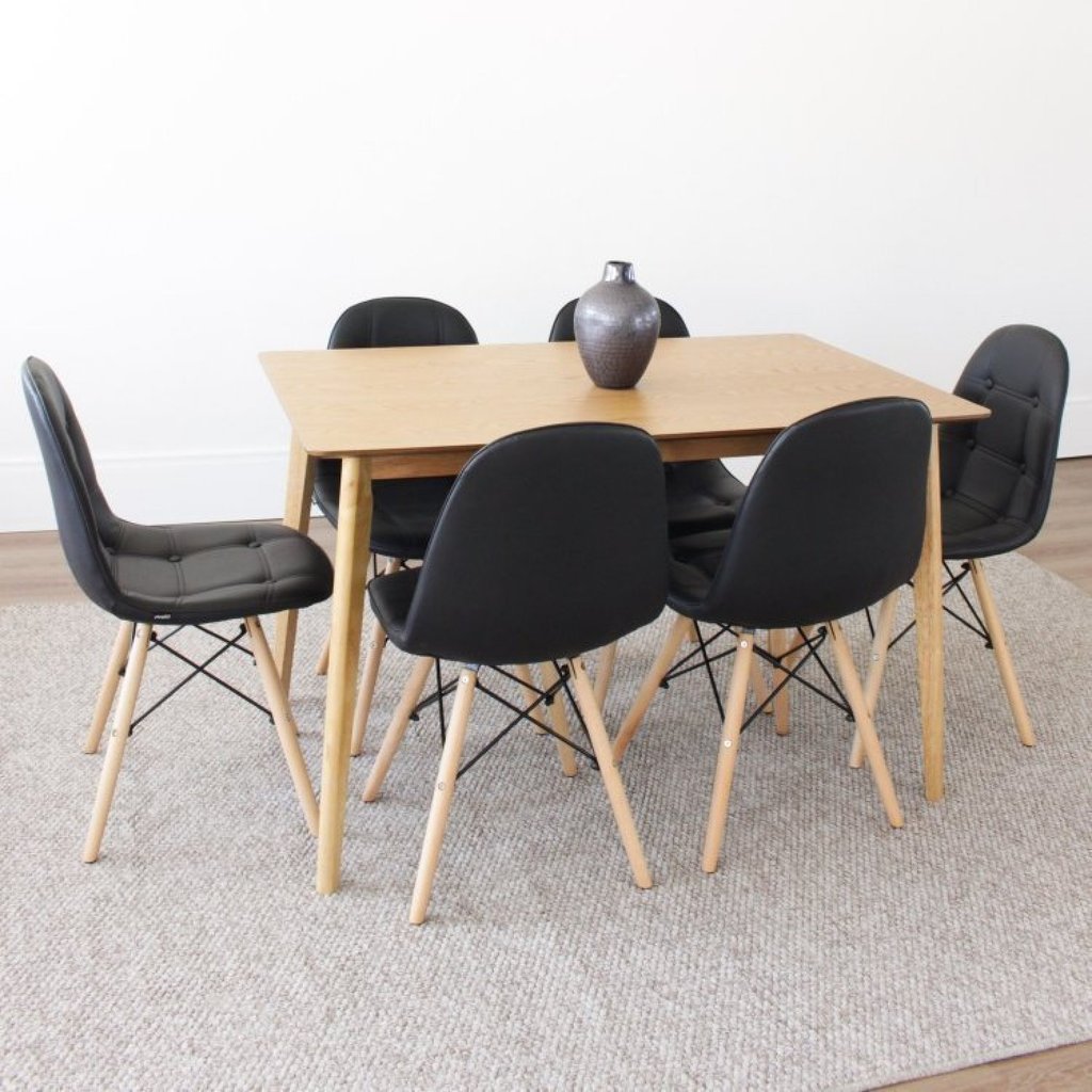 Conjunto Mesa Finlândia 120x73,5cm Tampo MDF com 6 Cadeiras Eiffel Botonê  Preto/Natural