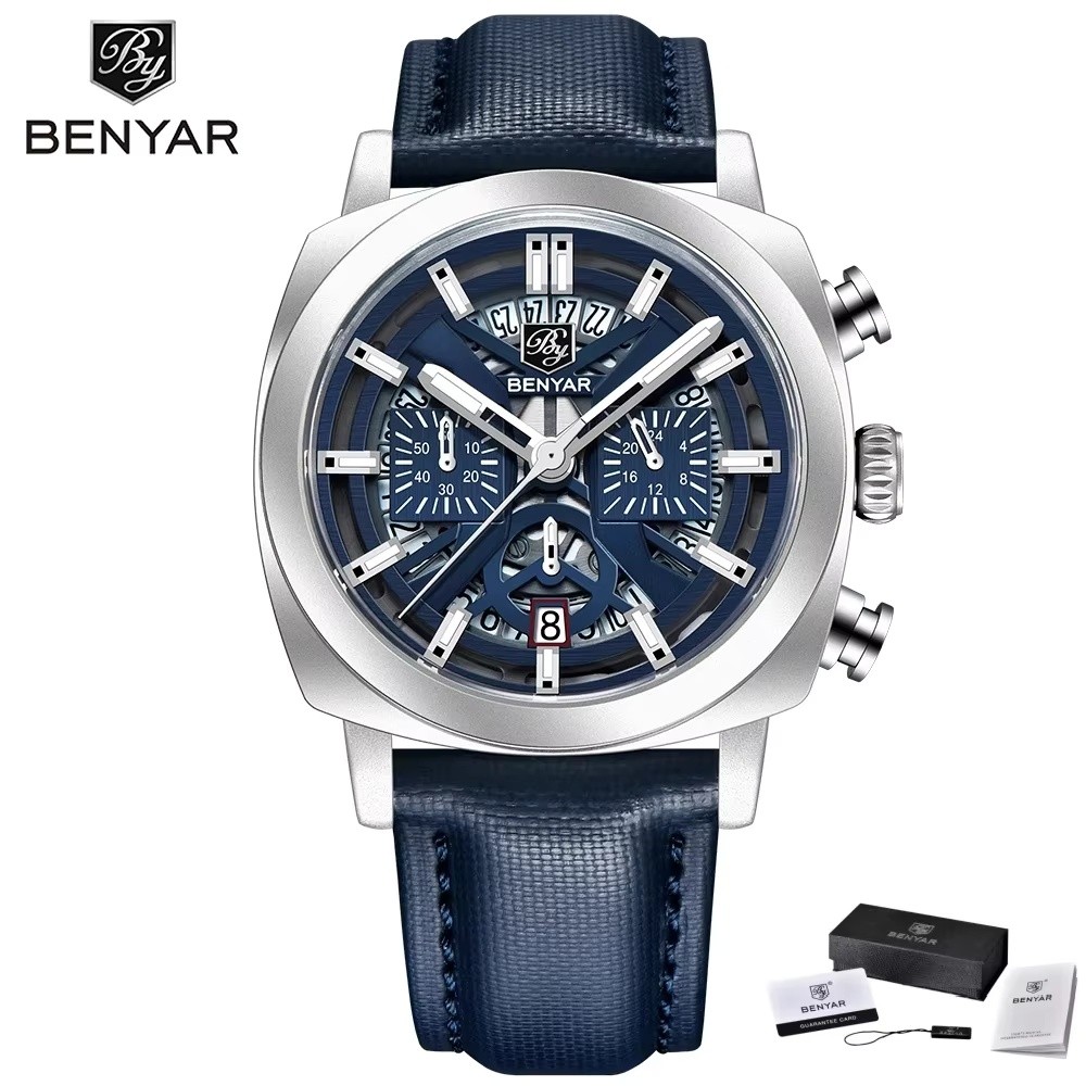 BENYAR 5205 Relógio Esportivo Masculino De Couro Com Design De Movimento De Quartzo Cronógrafo Anti-Reflexo Resistente À