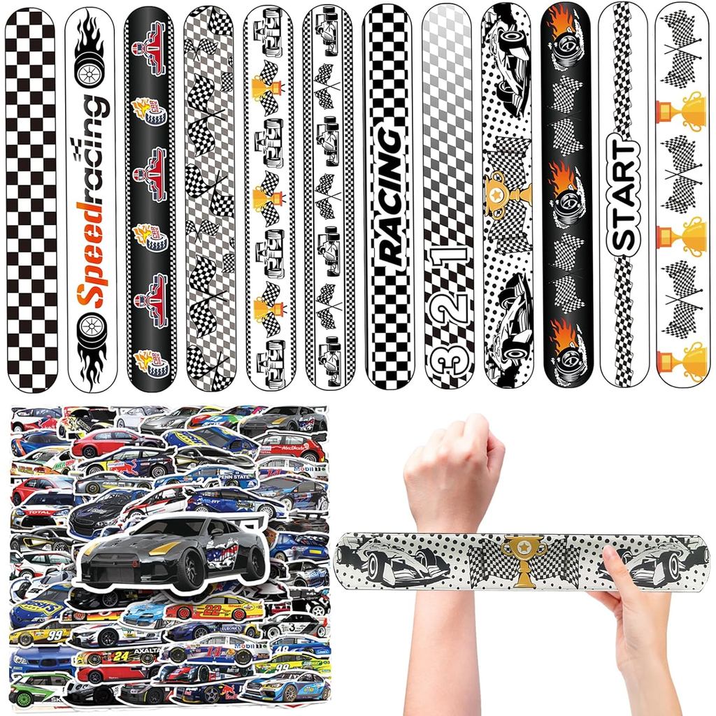 74PCS Race Car Party Favors Set – 24 Pcs Racing Slap Bracelets 50 Pcs Race Car Stickers, Slap Bracelet Wristbands & Deca