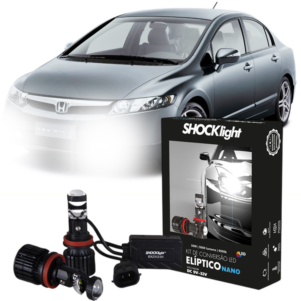 Kit Lampadas Ultra LED Premium Projetor Eliptico Honda New Civic 2006 a 2011 Farol de Milha