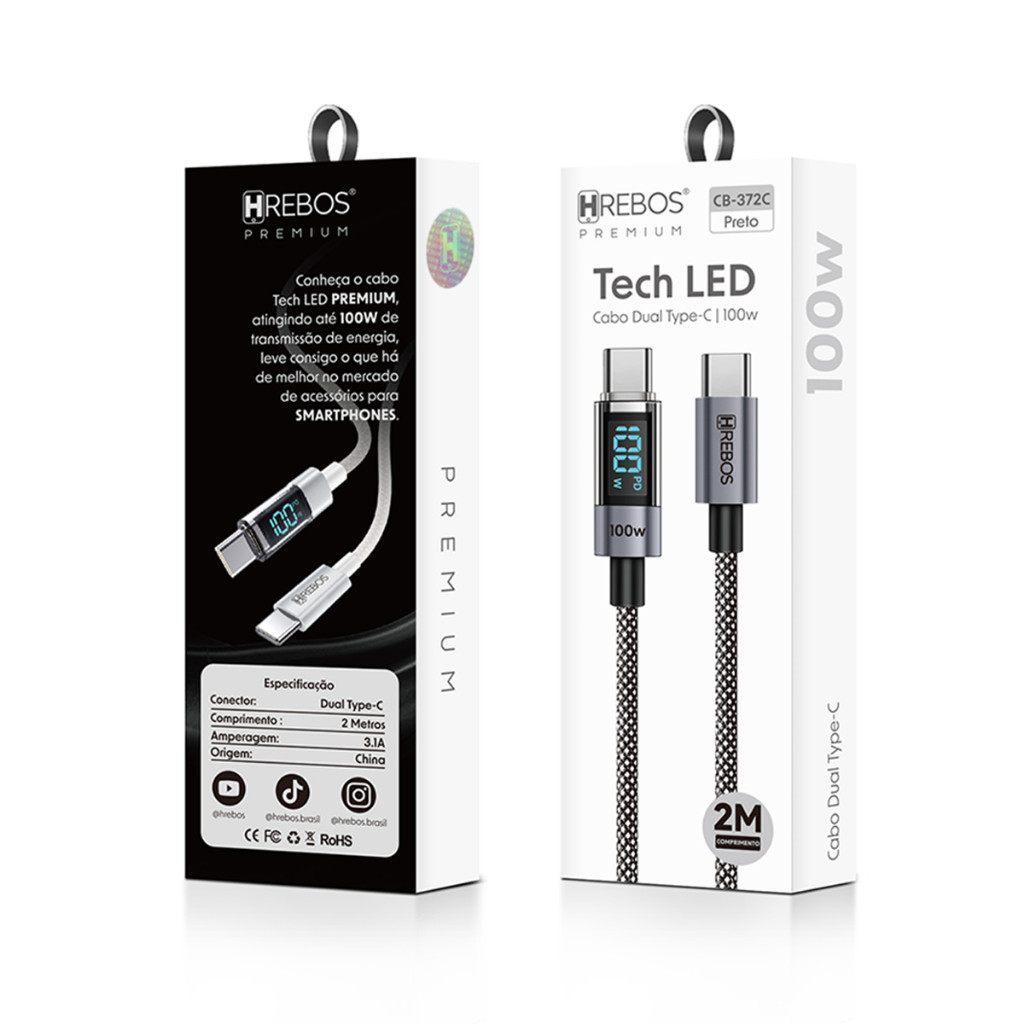 Cabo USB Tipo C PD 100W 5A Display Digital 2m Nylon Trançado Resistente à Dobra Dados Turbo MacBook iPhone Samsung