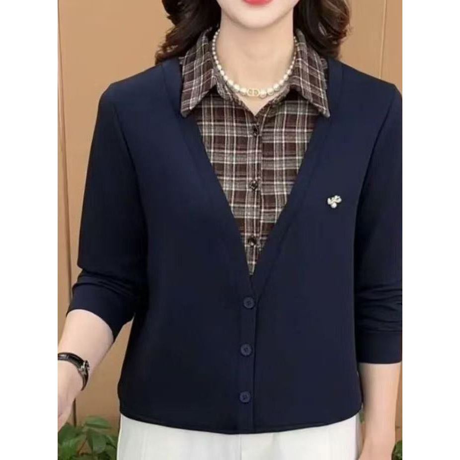 Primavera outono novo estilo elegante falso de duas peças de manga comprida topo feminino estilo ocidental camisa gola x