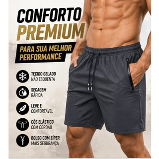 Short Masculino Dry Fit Tecido Gelado com Elastano Bolso com Zíp