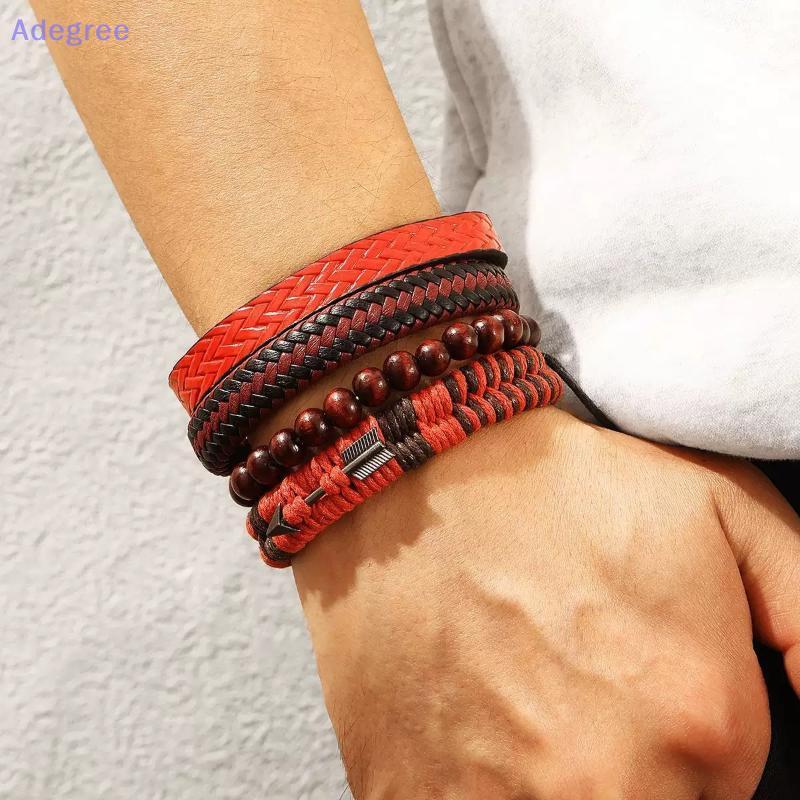 Adegree Conjunto De Pulseira De Couro Masculina Artesanal , Contas De Madeira Vintage , 4 Peças Para Eventos Sociais E R