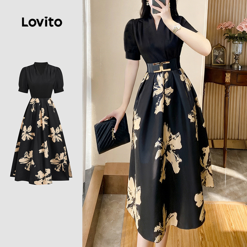 Lovito Floral Vestido Elegante Estrutura Linha Primavera/verão Vestido Preto para Mulheres LBL33160