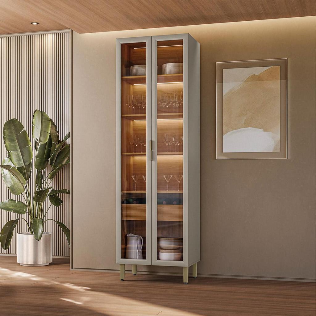 Imagem Cristaleira Decorativa Portas em Vídro MDF Solari 70cm Luminária Led Jequitibá/Gris Fosco G77 - Gran