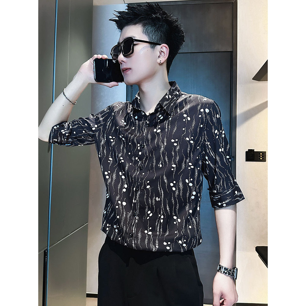 High-End camisa de seda gelo masculina de manga curta Street Wear Casual All-Match camisa masculina 2026 novo estilo ver