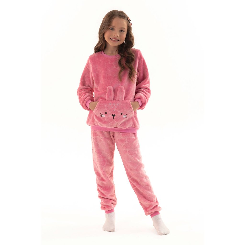 Pijama de Inverno Longo Menina em Soft Fleece Peluciado Quentinho Coelho Amoroso Rosa