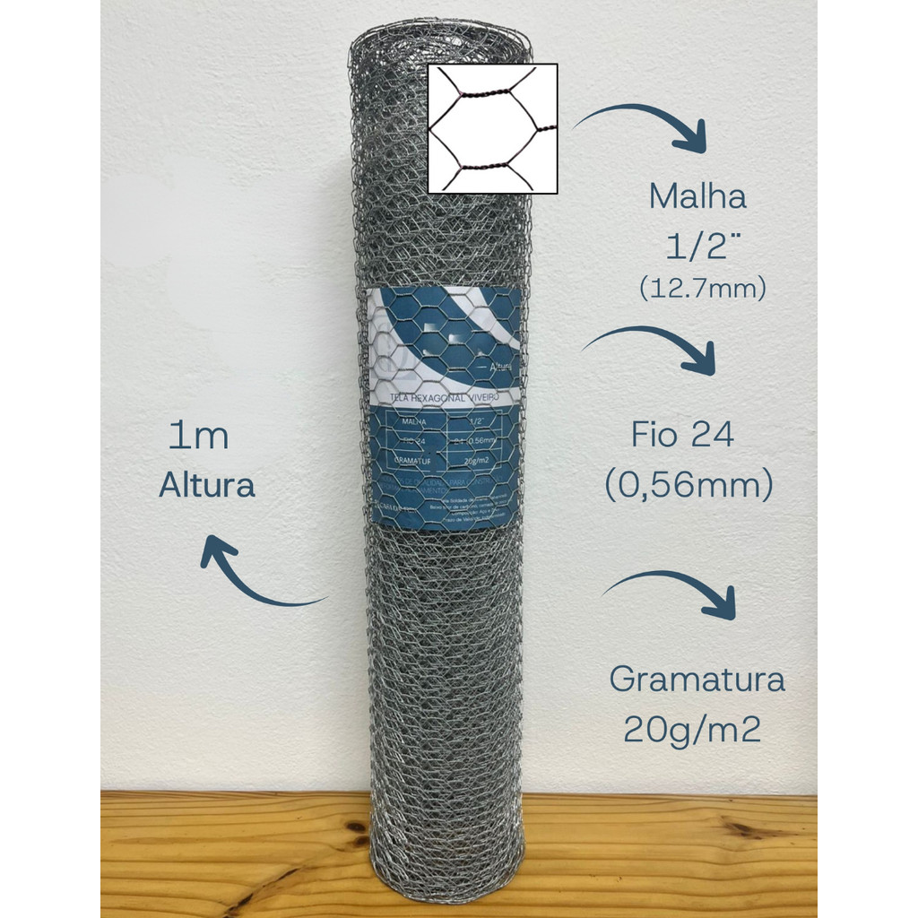 Tela Viveiro Pinteiro Galvanizada 1m altura Fio 24 (0,56mm) Benorte