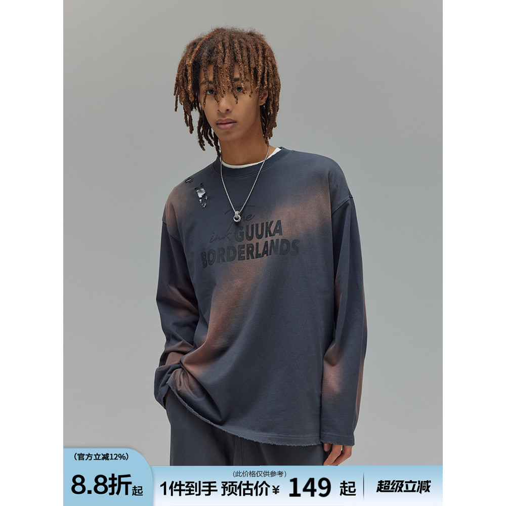 Guuka Dune Wasteland estilo rasgado manga comprida camiseta masculina primavera novo estilo americano preguiçoso Retro F