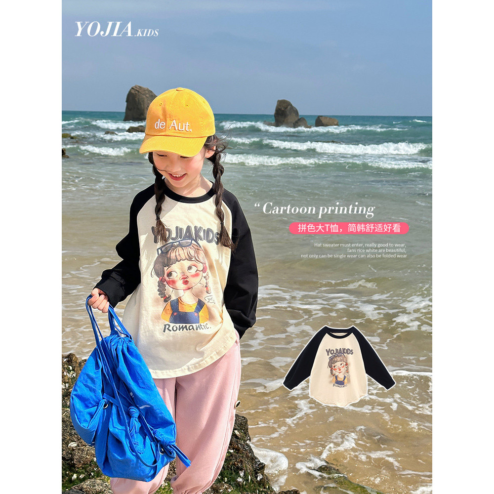 YOJIA meninas camiseta de manga comprida primavera outono estilo ocidental roupas infantis outono topos crianças outono 