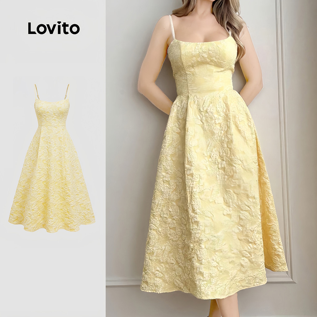 Lovito Midi Vestido Elegante Jacquard com Linhas Estruturadas Zíper Primavera/verão Amarelo Claro LK5AD232