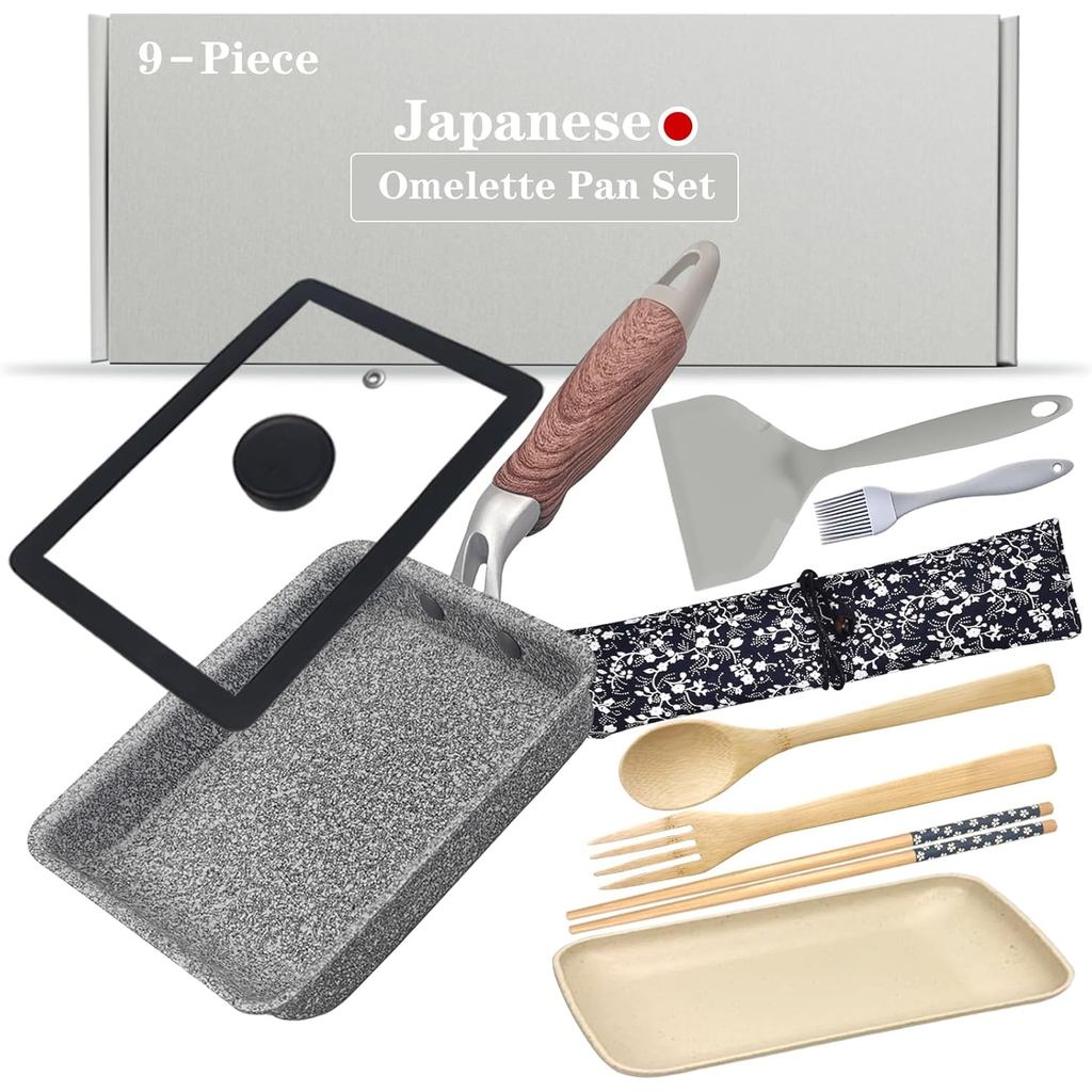 Conjunto de 9 Peças de Panela Tamagoyaki, Panela Japonesa para Omelete Antiaderente com Tampa, Frigideira Quadrada para 