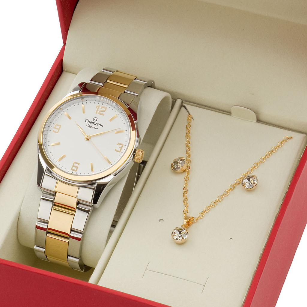 Relógio Feminino Champion Dourado Prata Com Colar e Brincos CN24986B