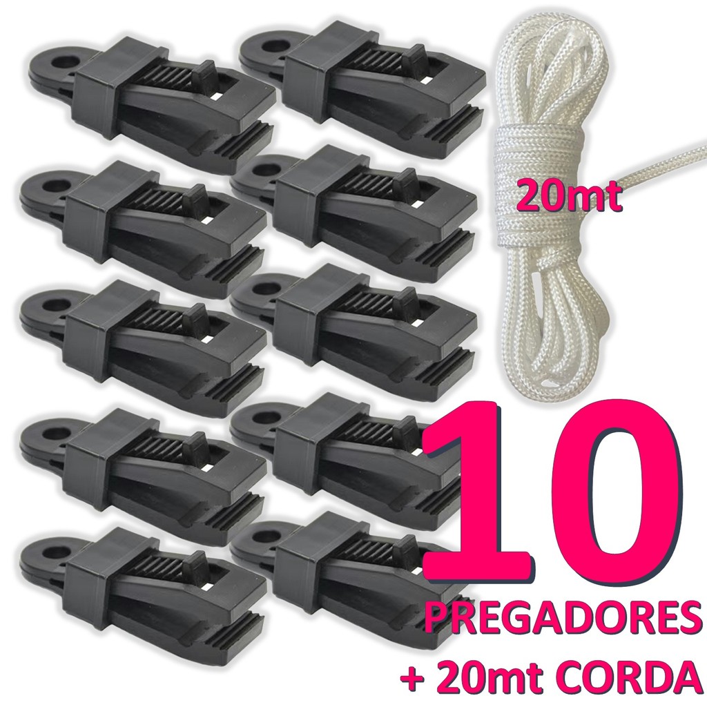 Kit 10 Clipes Prendedor + 20 Metros de Cordinha Para Lona Tenda Camping e Toldos Reforçado