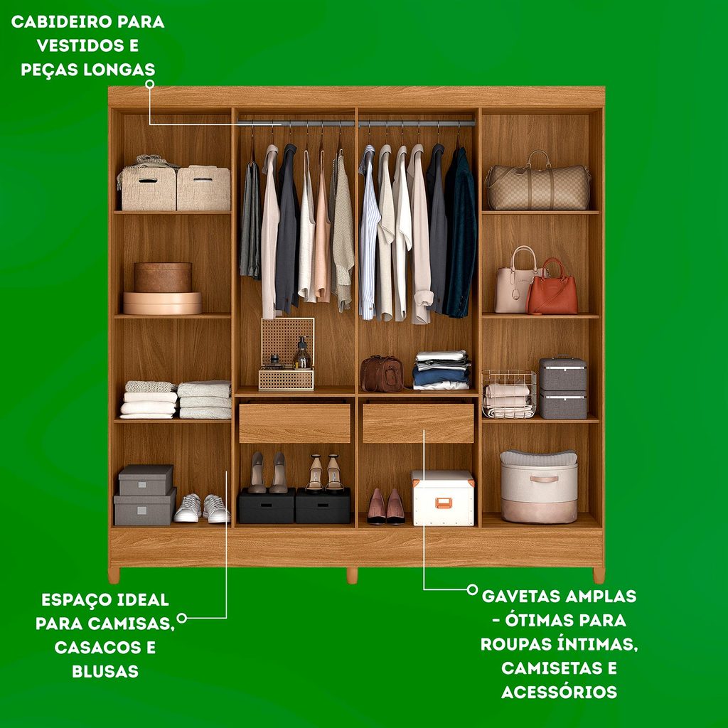 Guarda Roupa Roupeiro Casal Grande Marajo 8 Portas 2 Gavetas Pés em PVC puxador MDF Freijo com Off White — imagem 2 de 2