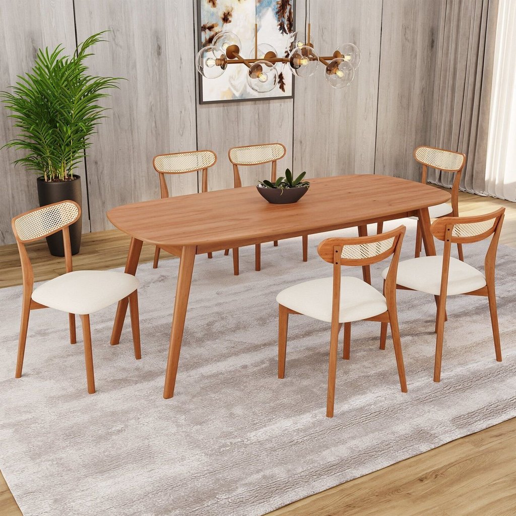 Conjunto Sala Jantar Mesa 180x80cm 6 Cadeiras Tampo MDF Laminado Madeira Maciça Ceci Natural Yescasa 180