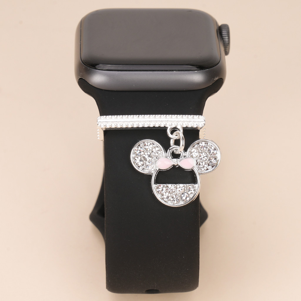 1Pc Strass Minnie Mouse Pulseira De Relógio Charme , Tom De Prata Anel Decorativo Pingente Para Apple Watch Silicone (Se